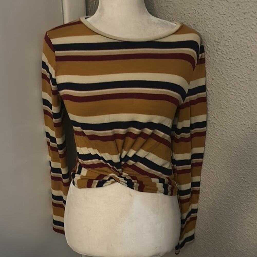 Gaze Striped Multicolor Tie Front Crop Sweater S Cozy Comfy Winter Fall Casual